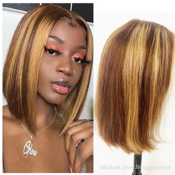 Wholesale 4/27# T Part 4*4  13*4 HD Lace Frontal Piano Hair Wig Pre plucked Highlighted Frontal Wig Bob Wigs Human Hair